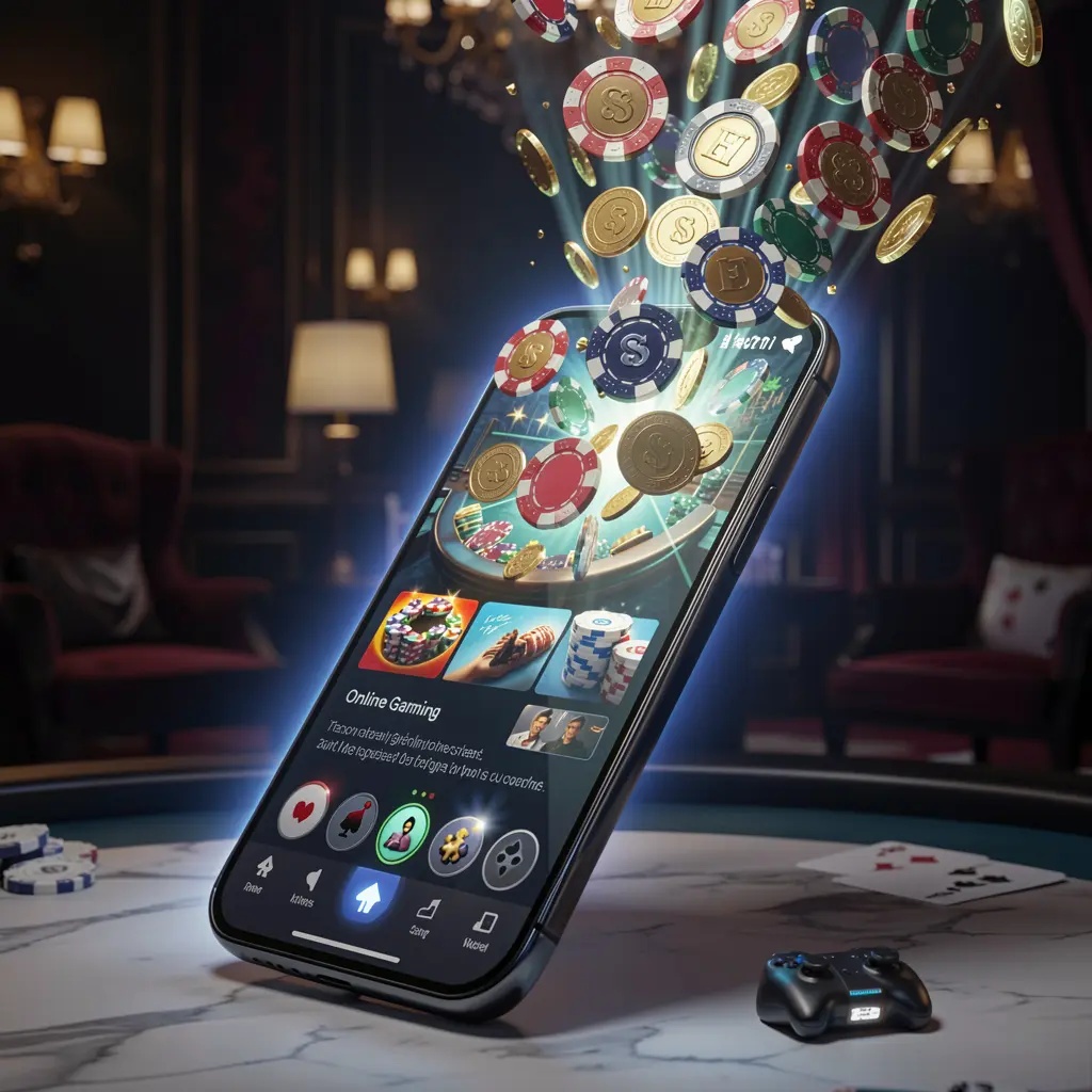 BD87 online gaming app displayed on a smartphone screen with glowing casino chips and coins emerging, set against a luxury dark background with cinematic lighting in a high detail 3D render