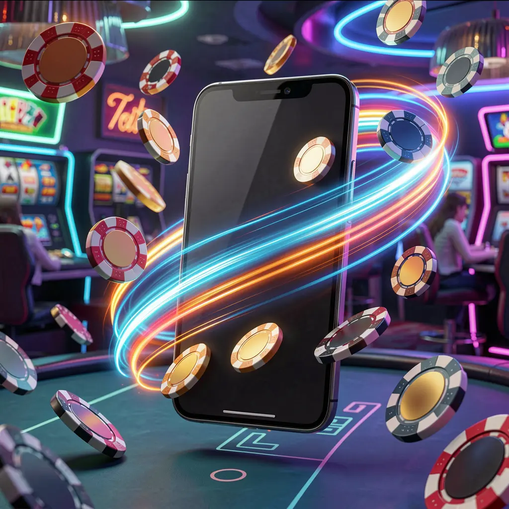 BD87 fast casino app access visual showing a smartphone with speed light trails, coins and chips flying around against a modern neon casino background in a dynamic 3D render