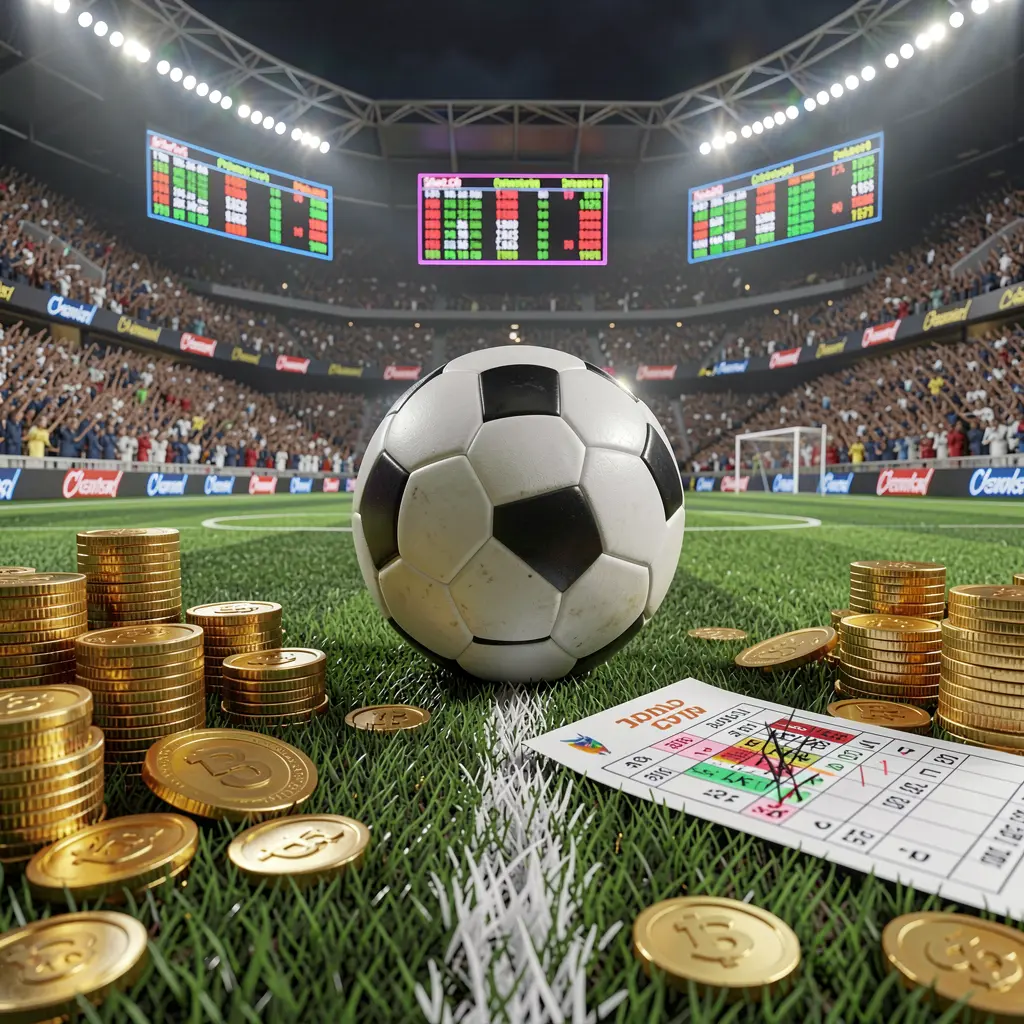 BD87 premium sports betting scene showing a football field with a stadium crowd, a soccer ball, golden coins, betting slip elements, and neon odds panels in a realistic high detail 3D render