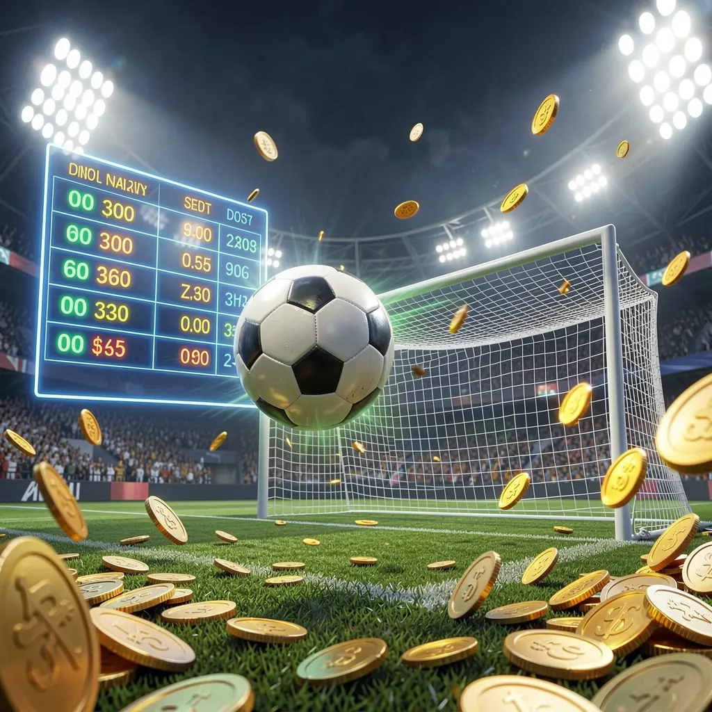 BD87 premium match betting visual showing a soccer ball flying toward the goal under stadium floodlights with a glowing odds interface and golden coins creating a dynamic sports betting atmosphere