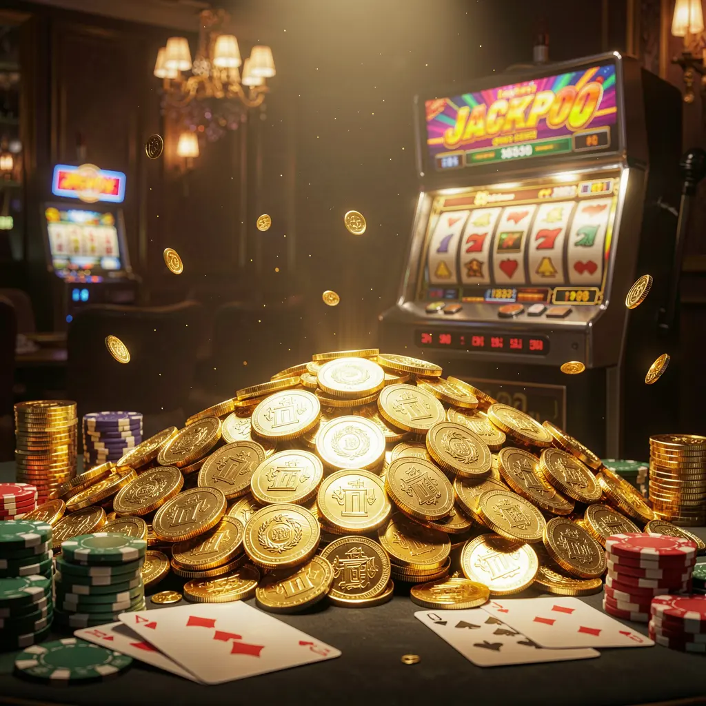BD87 jackpot bonus scene featuring a huge pile of golden coins, a slot machine in the background, poker chips, and playing cards under cinematic luxury lighting BD87 jackpot bonus scene featuring a huge pile of golden coins, a slot machine in the background, poker chips, and playing cards under cinematic luxury lighting