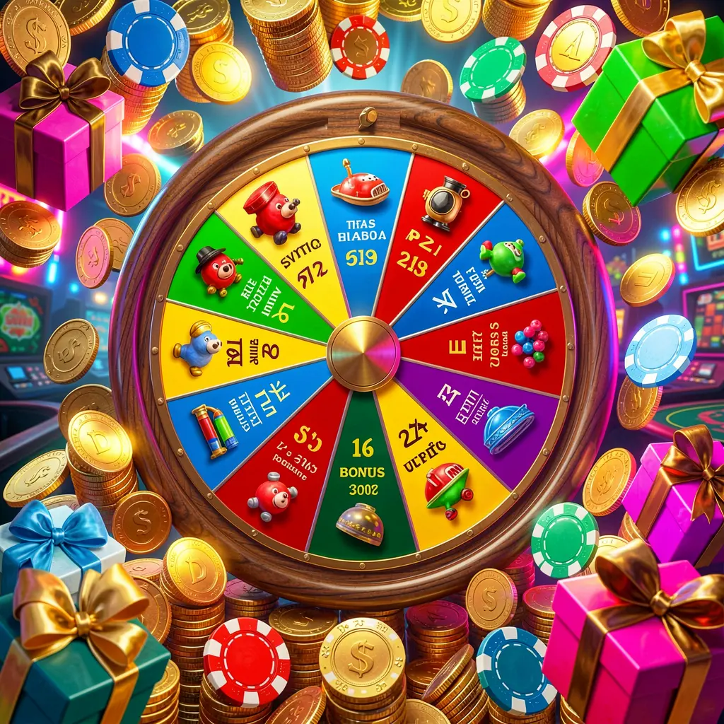 BD87 casino bonus wheel with colorful prize sections surrounded by golden coins, chips, and gift boxes under bright neon casino lights in a dynamic composition BD87 casino bonus wheel with colorful prize sections surrounded by golden coins, chips, and gift boxes under bright neon casino lights in a dynamic composition