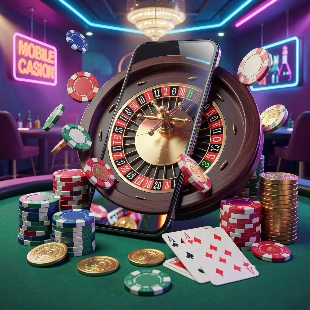 BD87 mobile casino experience showing a smartphone surrounded by a roulette wheel, chips, cards, and coins in a bright neon casino atmosphere