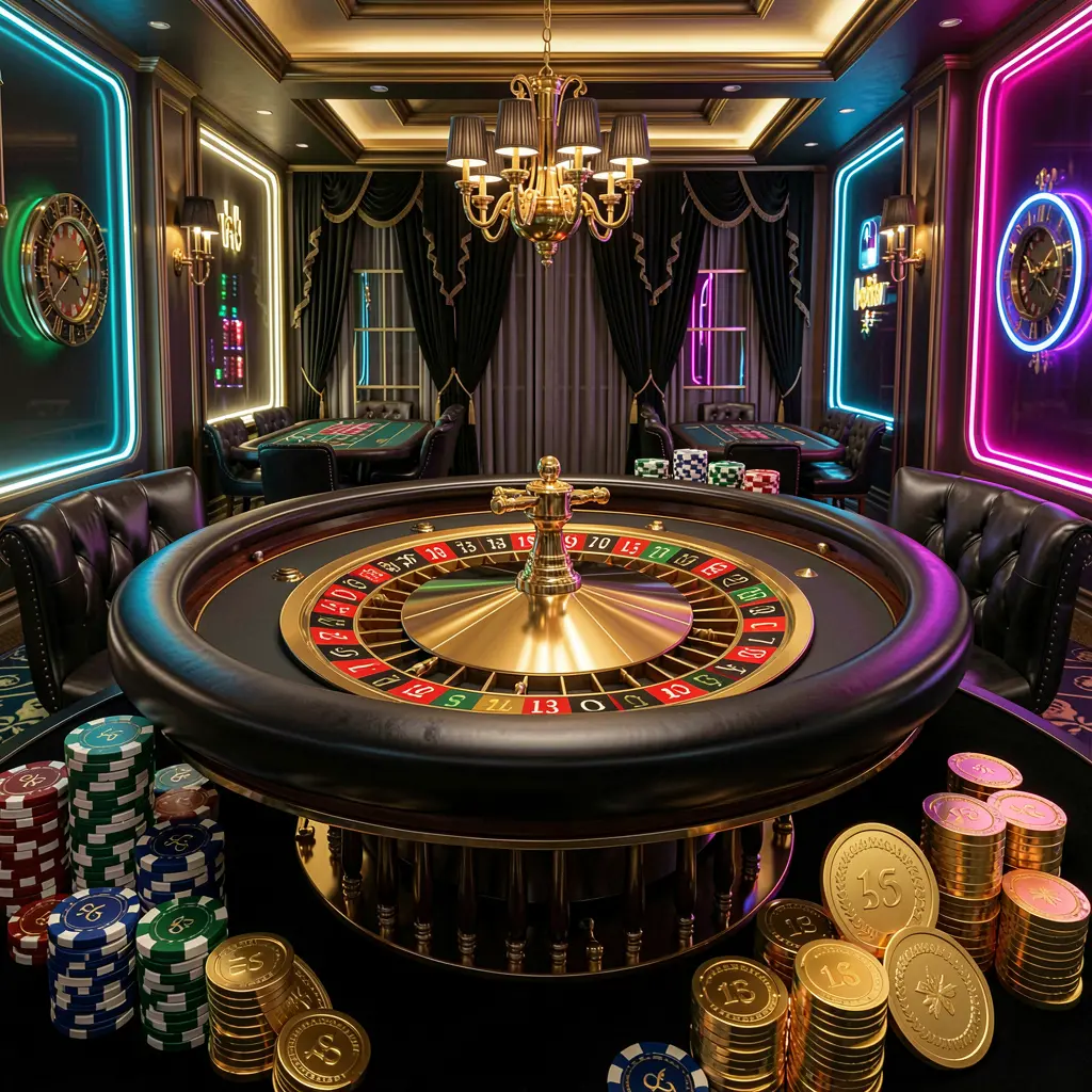 BD87 luxury online casino hall featuring a roulette table, poker chips, golden coins, and glowing neon lights in a premium black and gold atmosphere