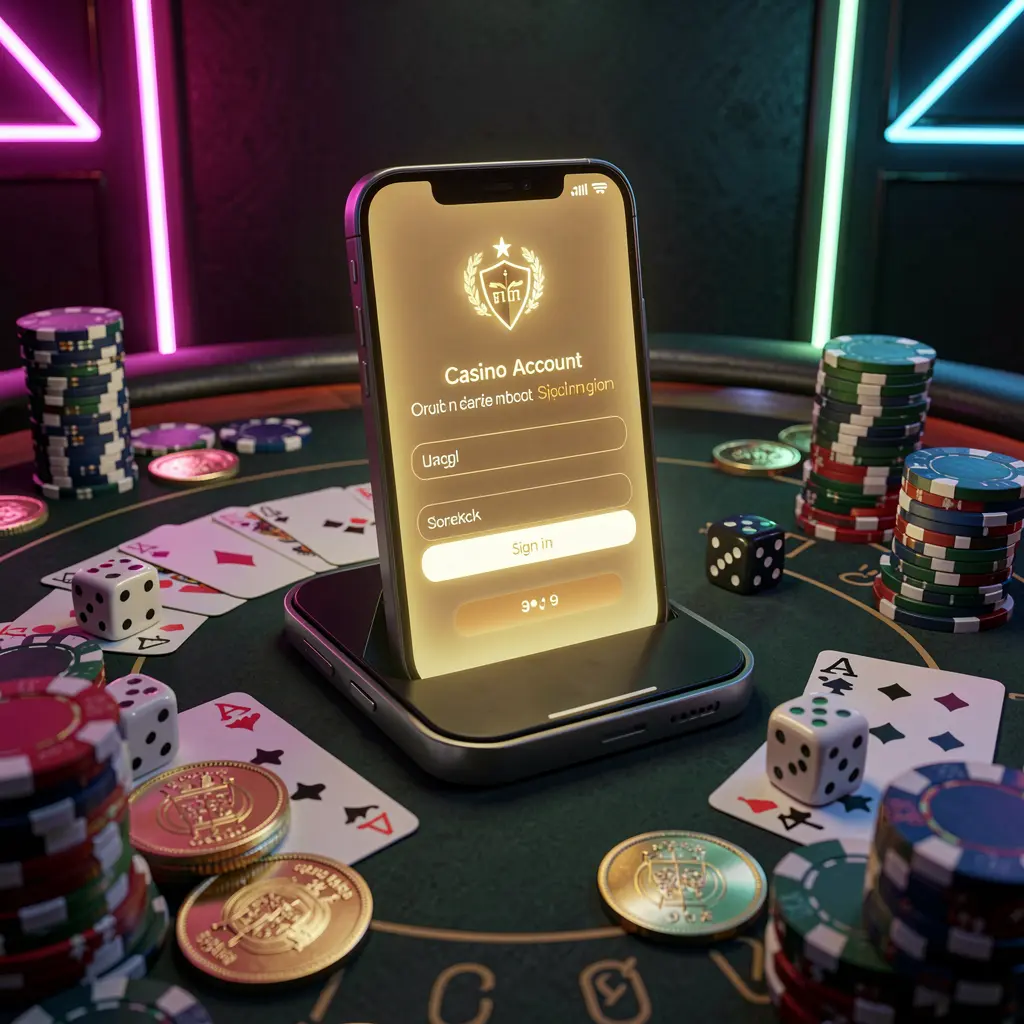 BD87 casino account sign in scene with a glowing smartphone on a casino table surrounded by cards, chips, dice, and gold coins, set against an elegant dark background with neon highlights in a realistic 3D render