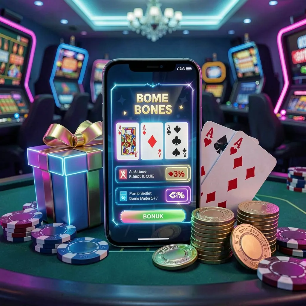 Modern casino website hero scene featuring a smartphone with a glowing interface surrounded by bonus gift box, chips, coins, and playing cards in a premium neon casino style, showcasing BD87 brand