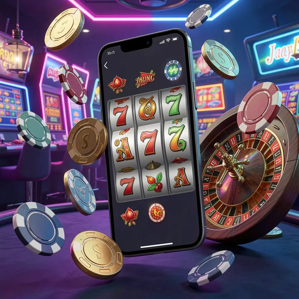 BD87 casino entertainment homepage concept featuring a modern mobile phone with slot symbols, a roulette wheel, chips, and coins floating around against a neon casino background